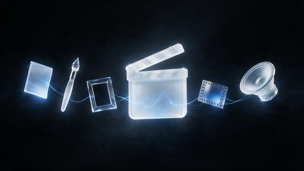 Glass film production icons linked in a chain by a blue thread