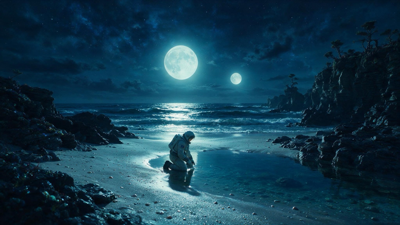 Storyboard still of an astronaut kneeling at the edge of a tide pool on a dark alien beach, two moons low over a moonlit sea