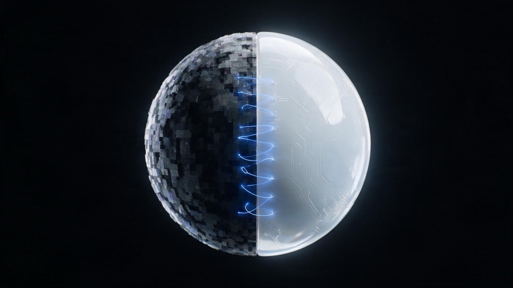 Sphere half pixelated and half glossy glass, stitched by blue light