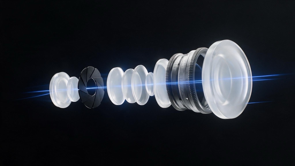 Exploded cinema lens with a blue light path through its elements