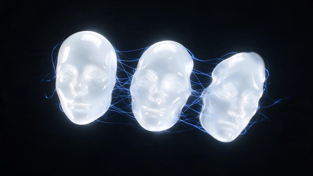 Three translucent porcelain faces joined by blue threads of light