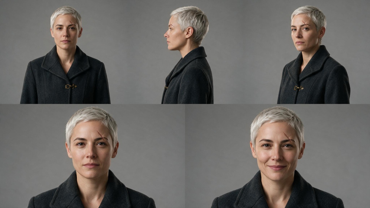 Character sheet with five views of the same silver-haired woman in a charcoal wool coat on a gray background: front, left profile, three-quarter, and two head-and-shoulders expressions