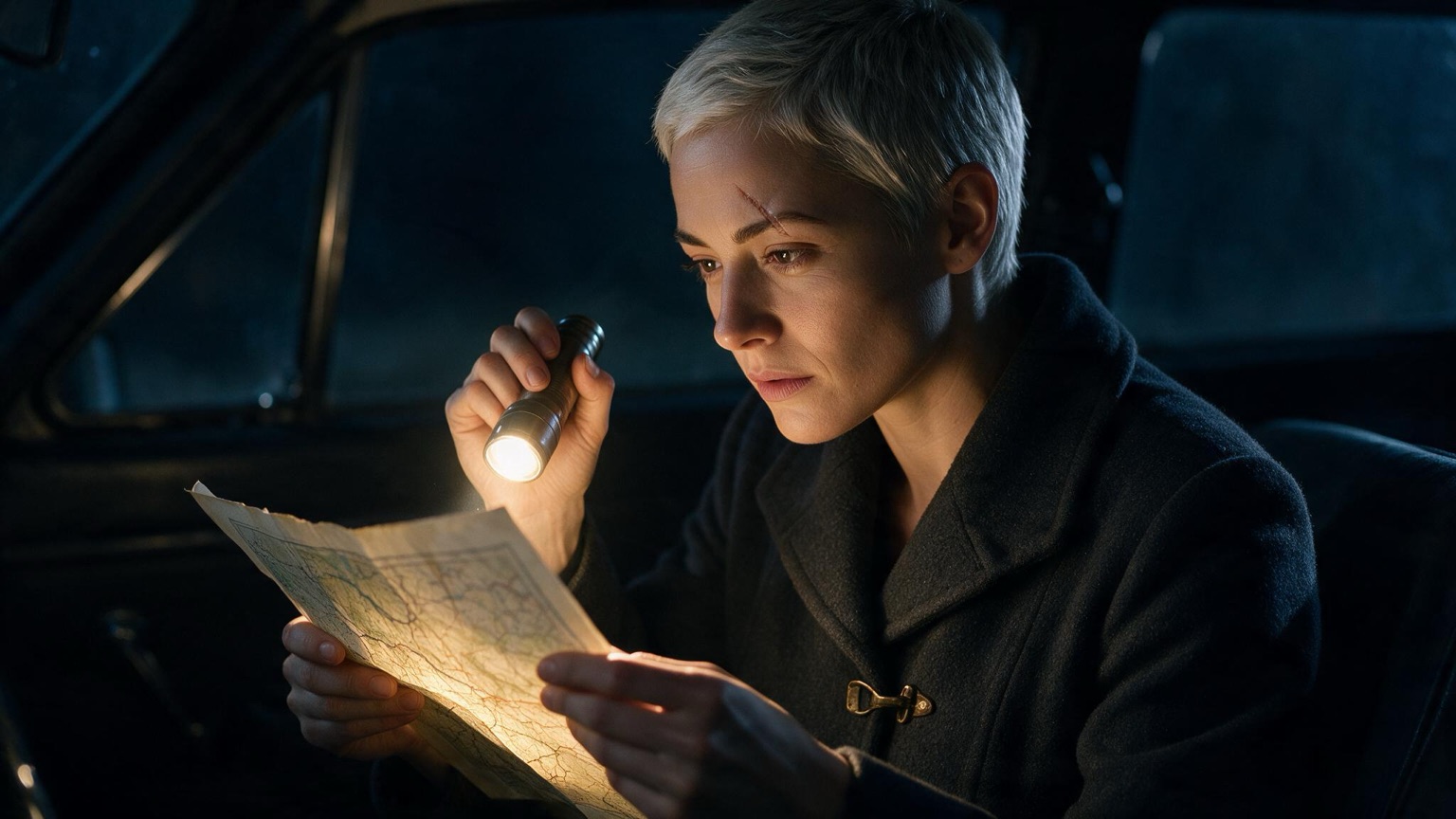 The same woman reading a paper road map by flashlight inside a dark car