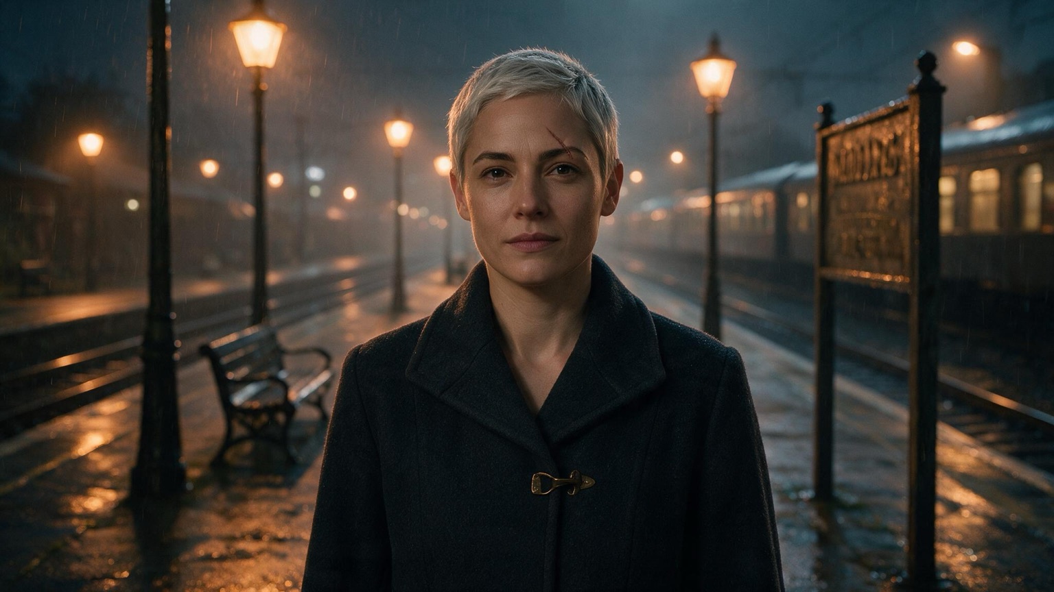 The same woman in a charcoal coat waiting on a wet night train platform under sodium lamps