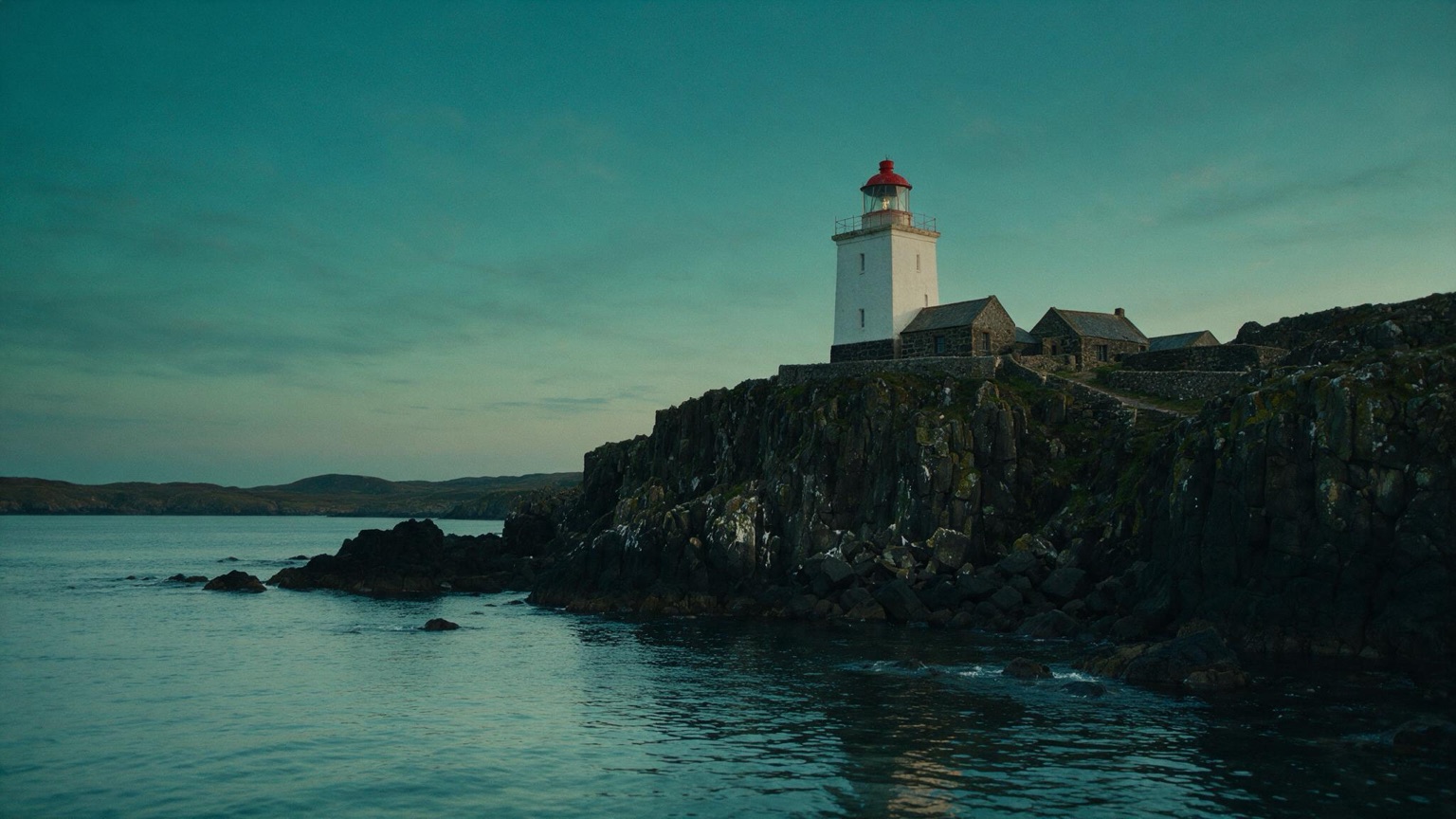 Wide dusk view across a cove of a white lighthouse with a red lantern dome on a basalt cliff under a teal sky